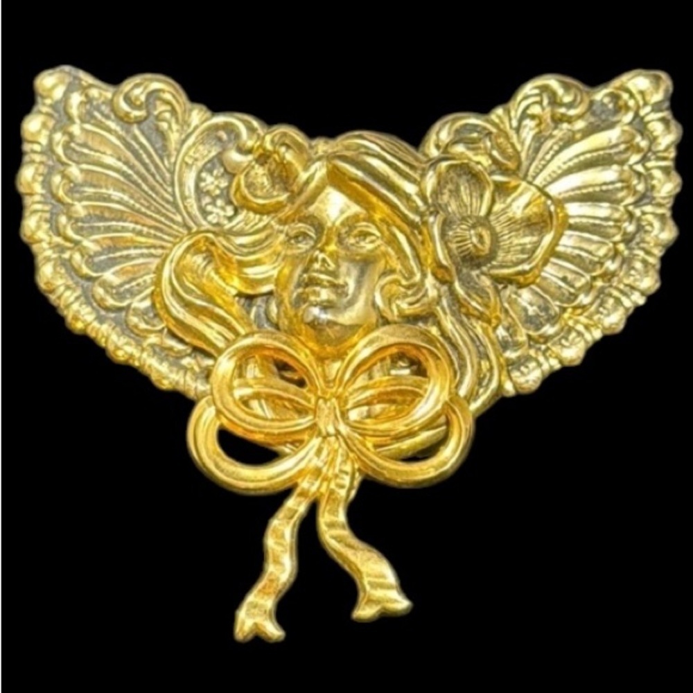 Vintage estate signed Jane 1994 angel, cherub wings Elegant Gold Tone Brooch Pin